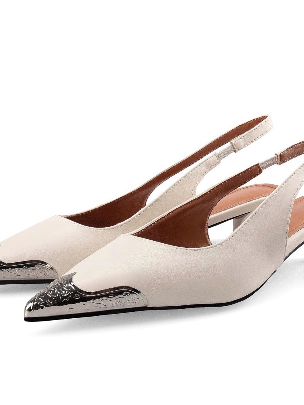 Slingback Ivory Kitten Heels with Silver Toe Cap